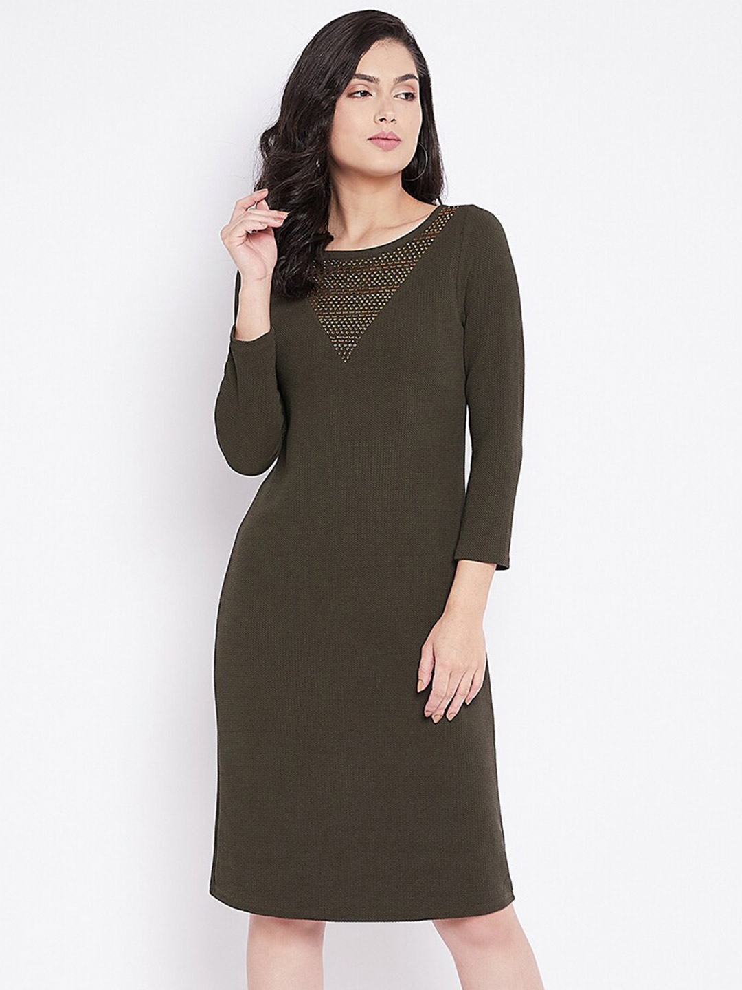 

Ruhaans Round Neck Long Sleeves Sheath Dress, Green