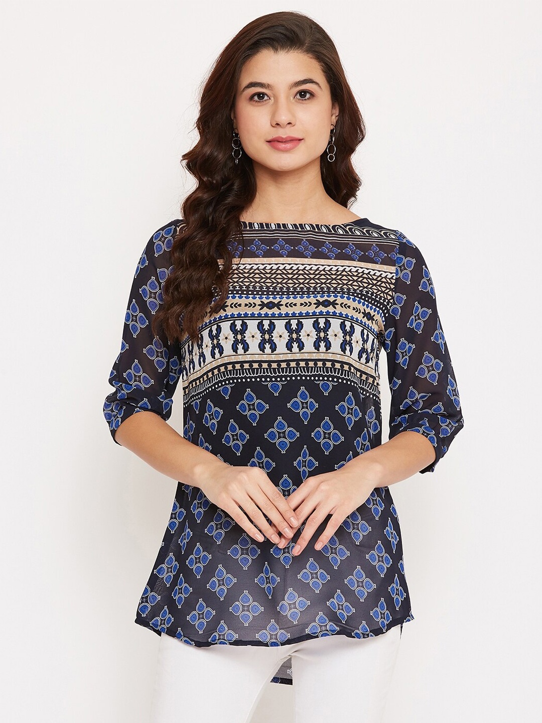 Ruhaans Boat Neck Print Georgette High-Low Top, Navy blue