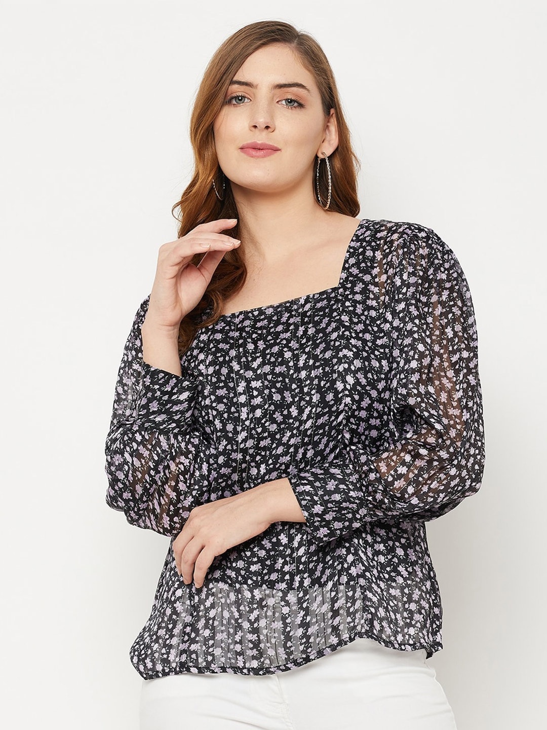 

Ruhaans Square Neck Floral Print Satin Top, Black
