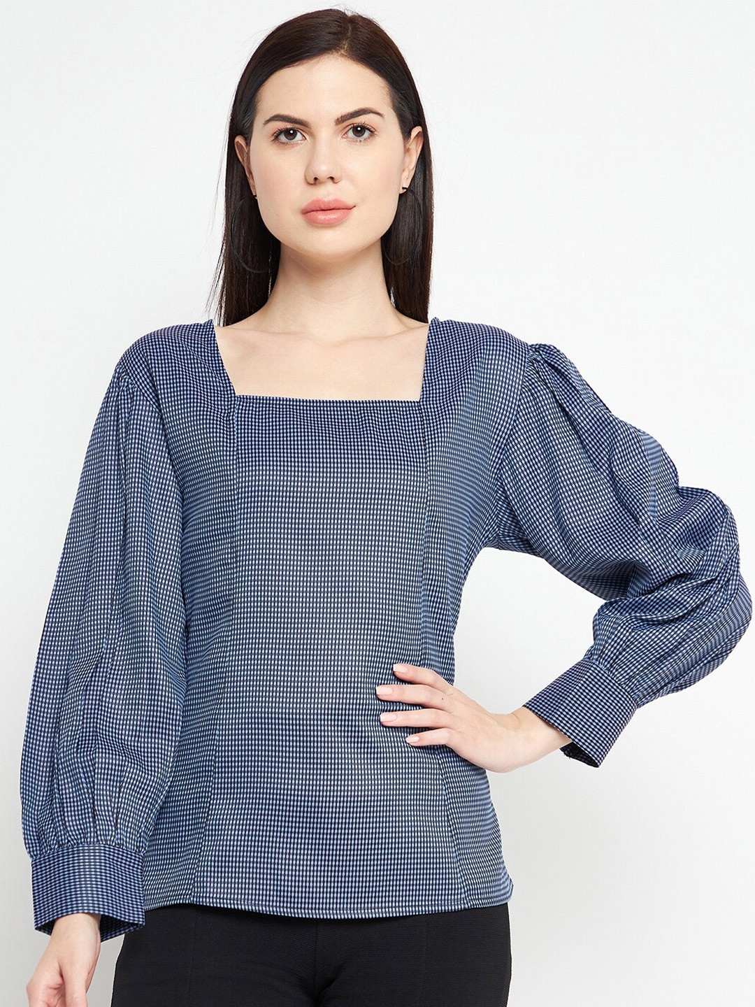 

Ruhaans Square Neck Puff Sleeve Crepe Top, Blue