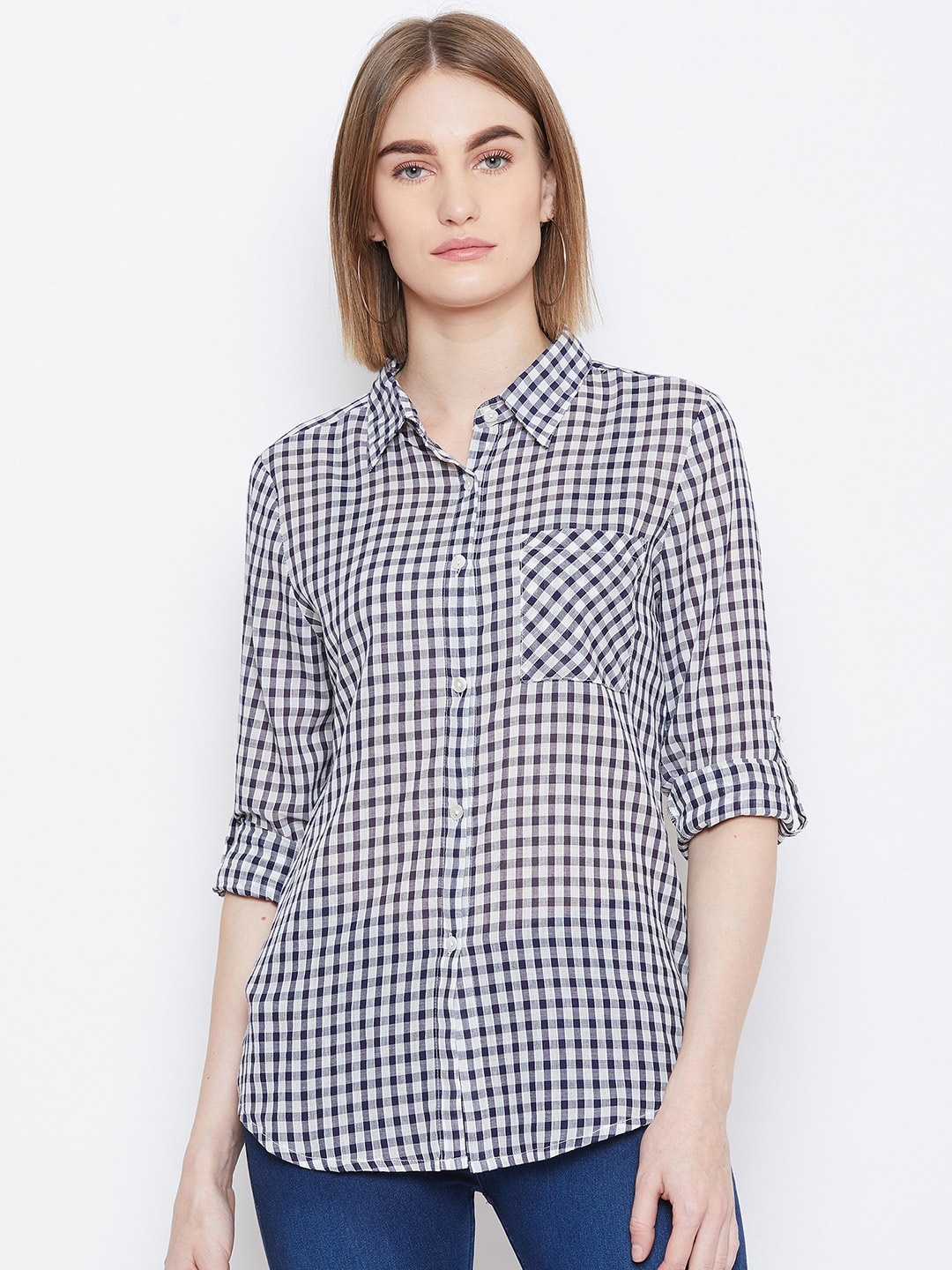 Ruhaans Classic Fit Gingham Checked Casual Cotton Shirt, White