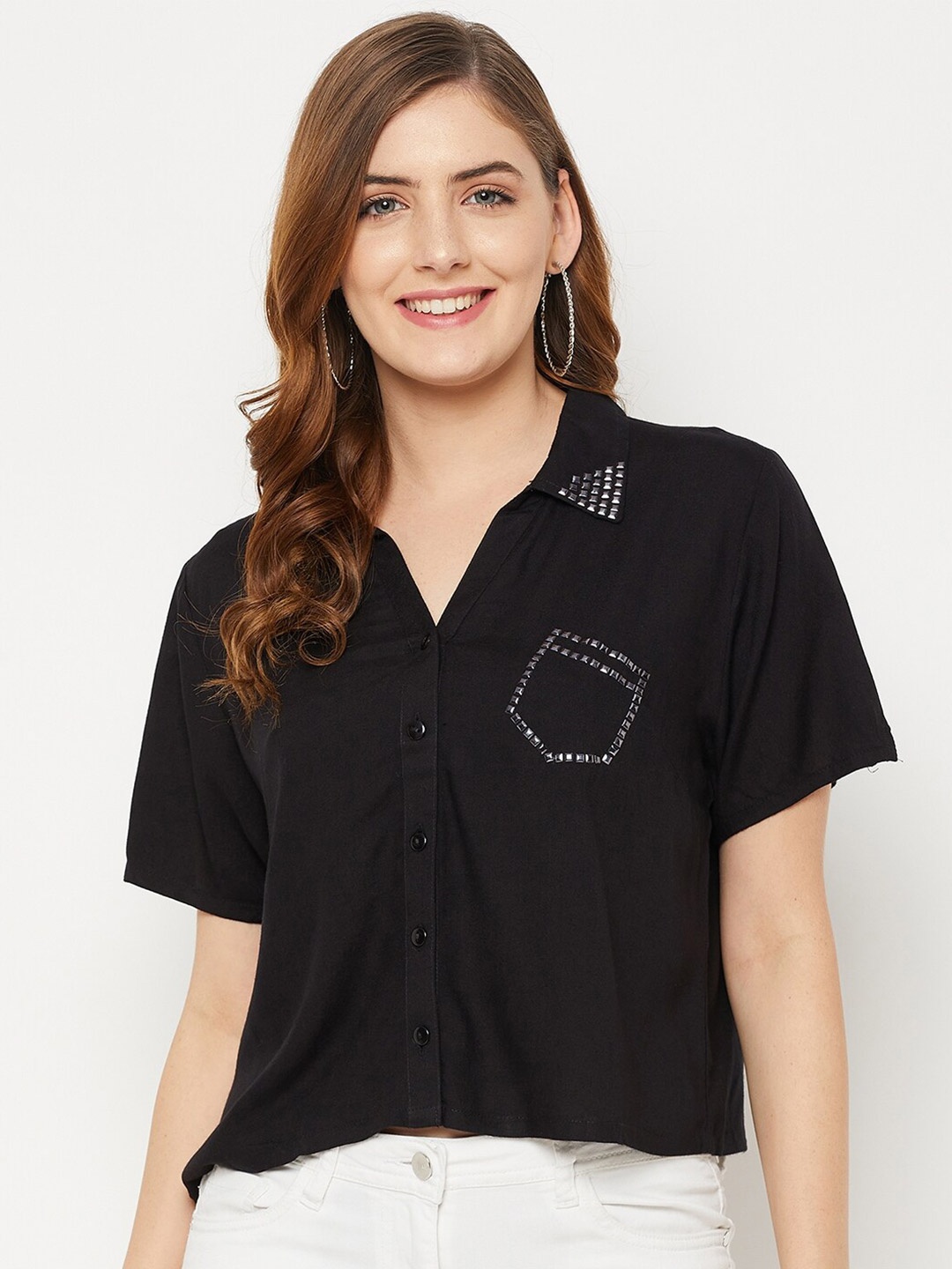 

Ruhaans Classic Fit Casual Embellished Cropped Shirt, Black