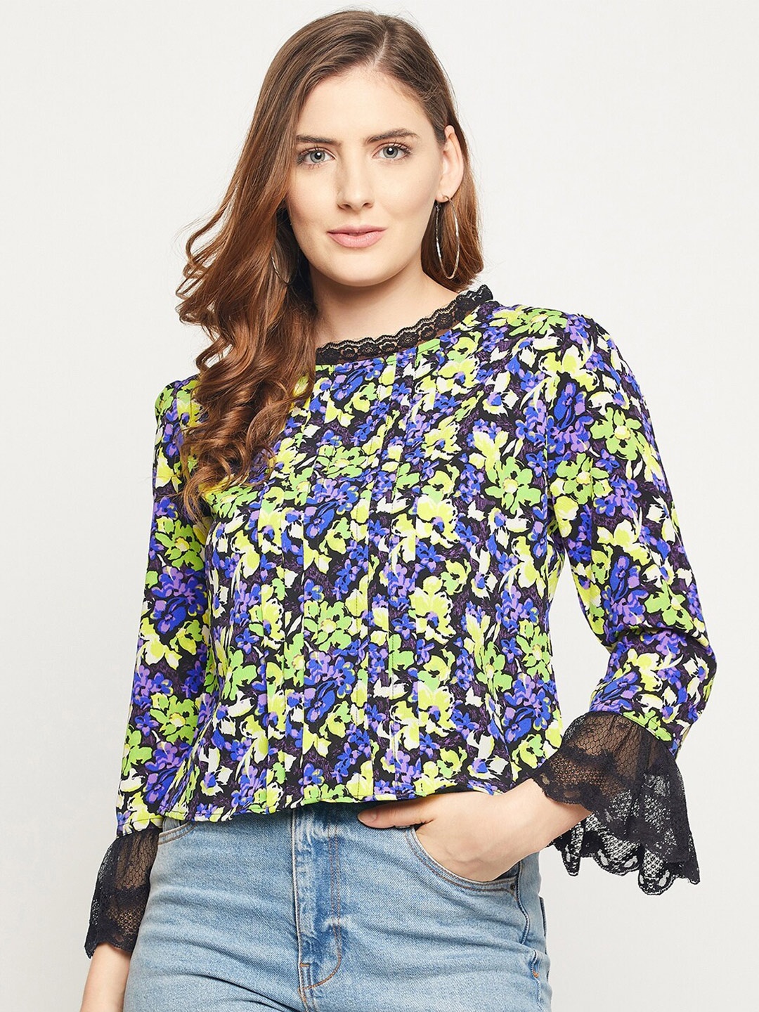 Ruhaans Round Neck Floral Print Bell Sleeve Crepe Top, Blue