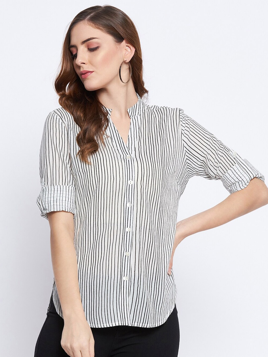 Ruhaans Classic Fit Vertical Striped Mandarin Collar Casual Shirt, Black