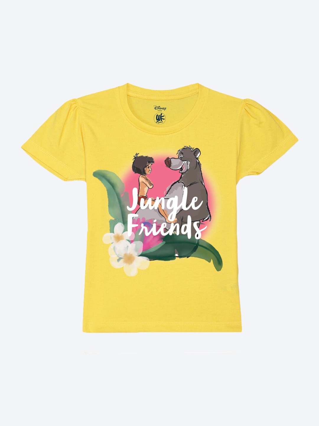

YK Disney Girls Disney Graphic Printed Puffed Sleeves Pure Cotton T-shirt, Yellow