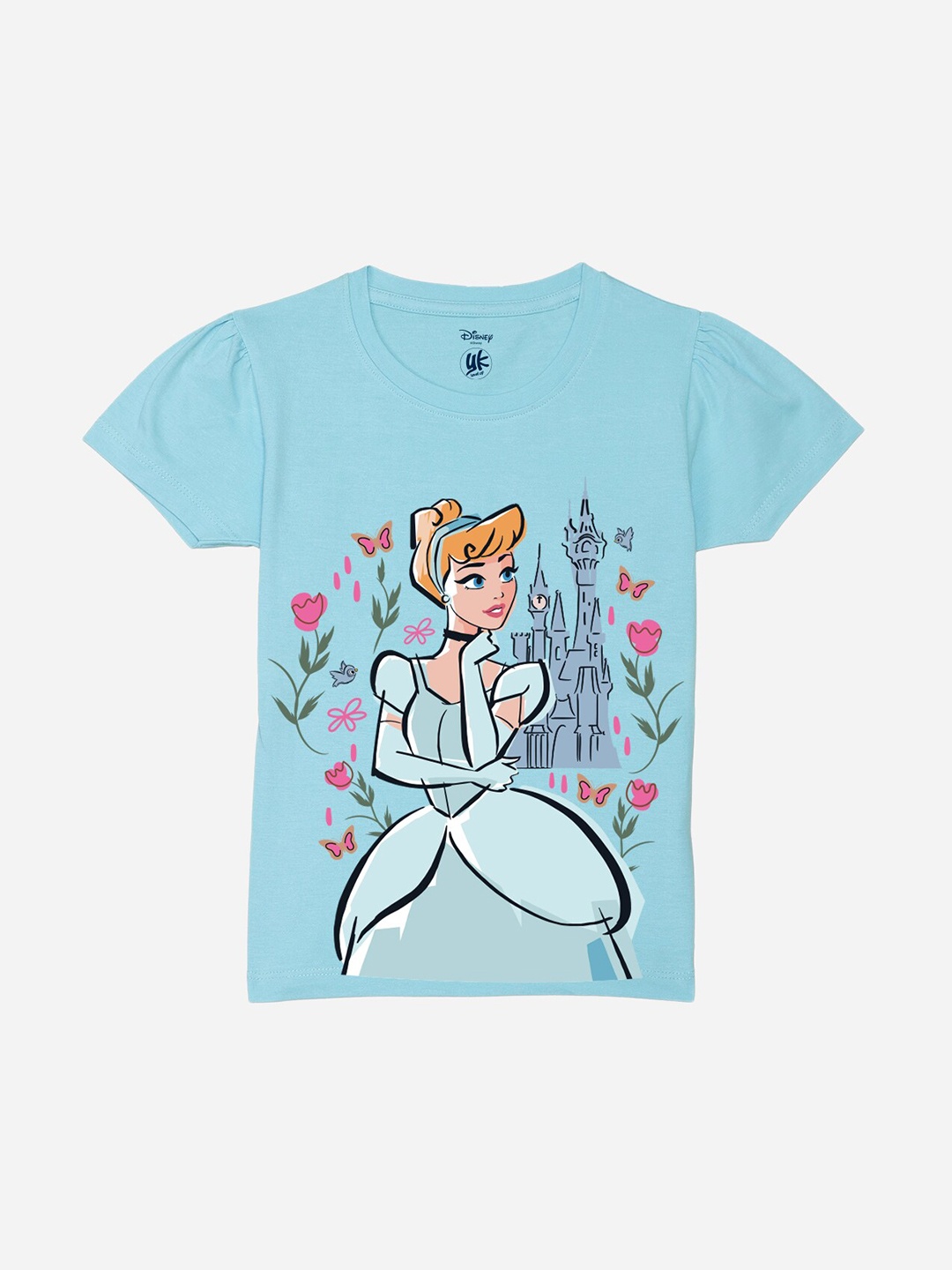 

YK Disney Girls Cinderella Graphic Printed Puffed Sleeves Pure Cotton T-shirt, Blue