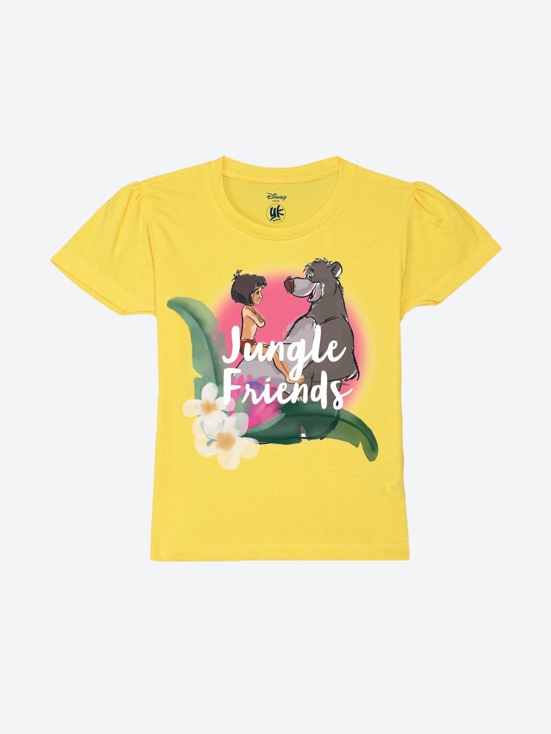 

YK Disney Girls Disney Graphic Printed Puffed Sleeves Pure Cotton T-shirt, Yellow
