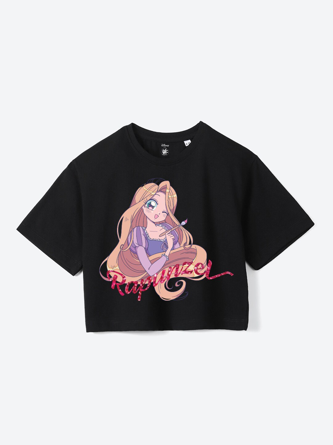 

YK Disney Girls Disney Princess Graphic Printed Pure Cotton Boxy T-shirt, Black