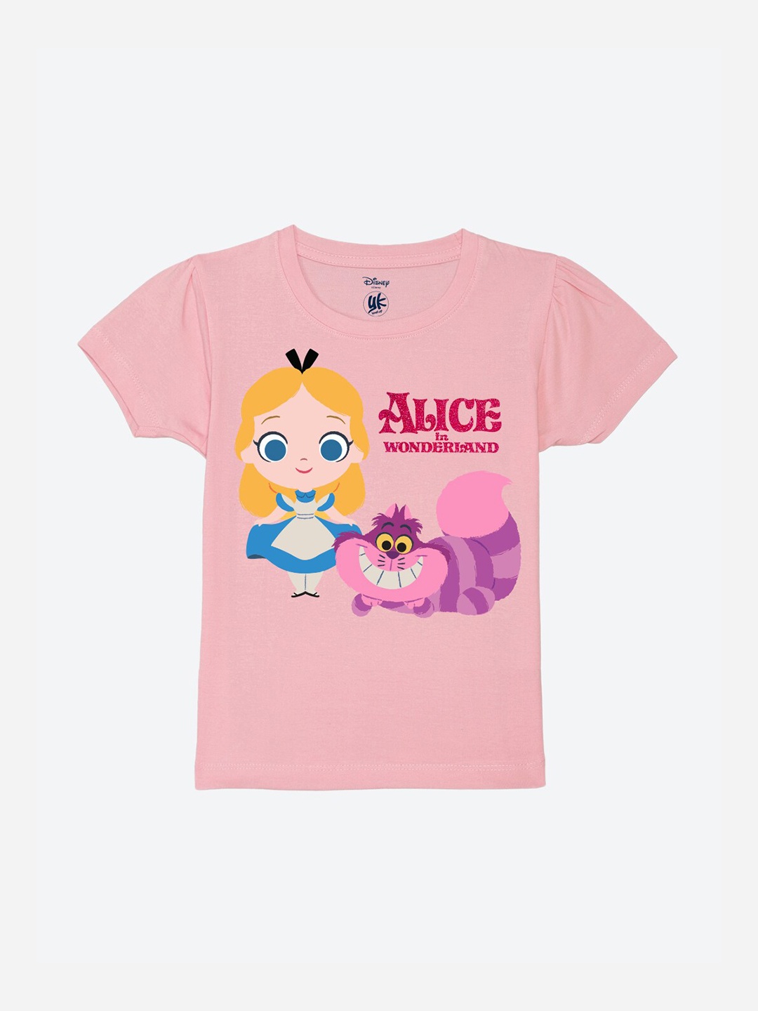 

YK Disney Girls Disney Princess Graphic Printed Puffed Sleeves Pure Cotton T-shirt, Pink