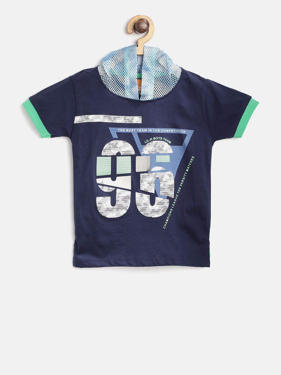 

Little Kangaroos Boys Navy Blue Printed Hooded T-shirt