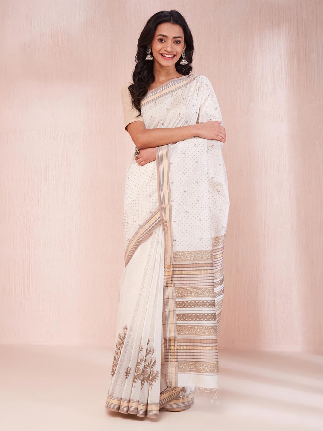

Fabindia Floral Printed Silk Cotton Block Print Saree, White
