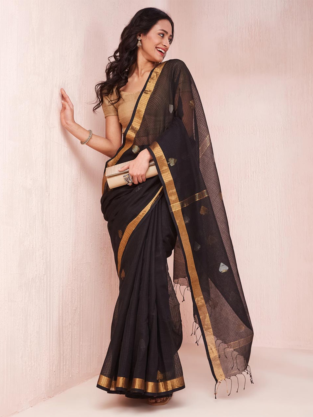 

Fabindia Woven Design Zari Silk Cotton Saree, Black