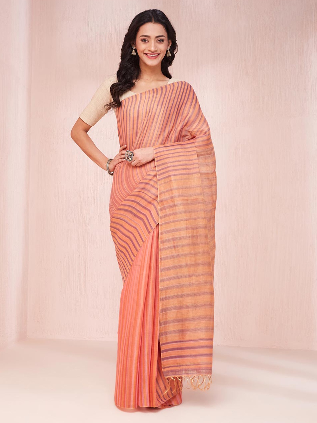 Fabindia Striped Hand Woven Saree, Orange