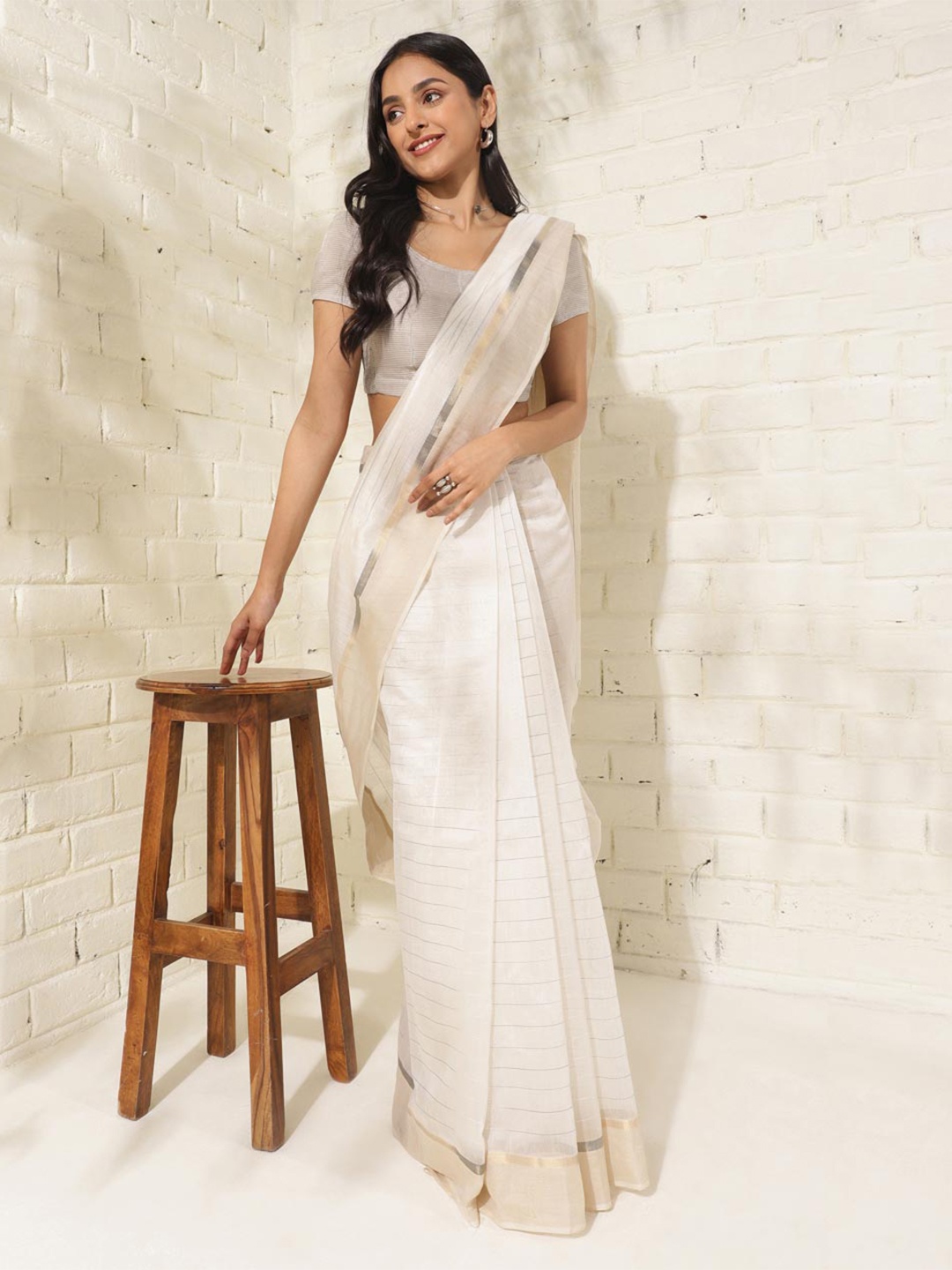 

Fabindia Striped Zari Silk Cotton Maheshwari Saree, Off white