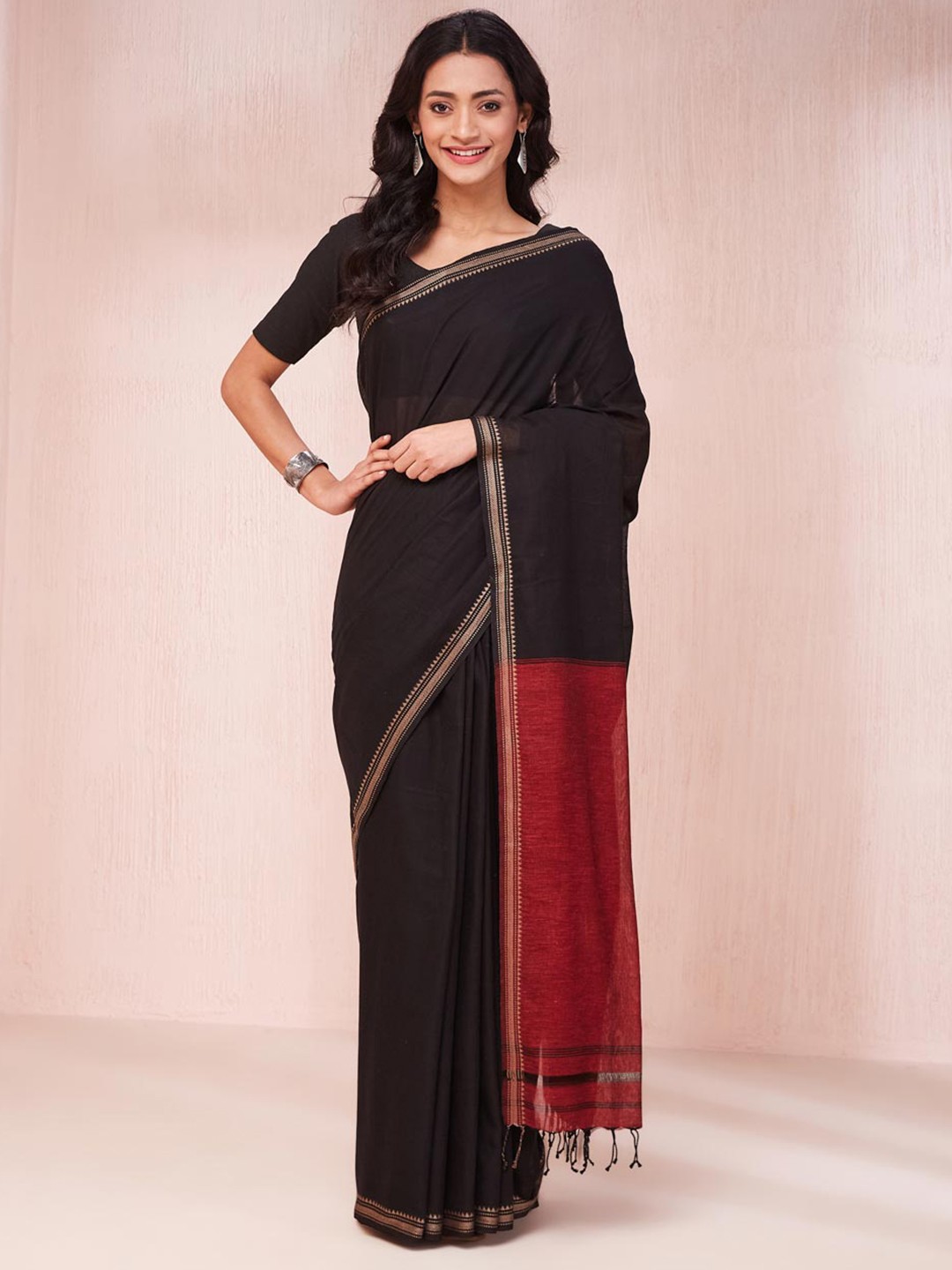 

Fabindia Zari Pure Cotton Saree, Black