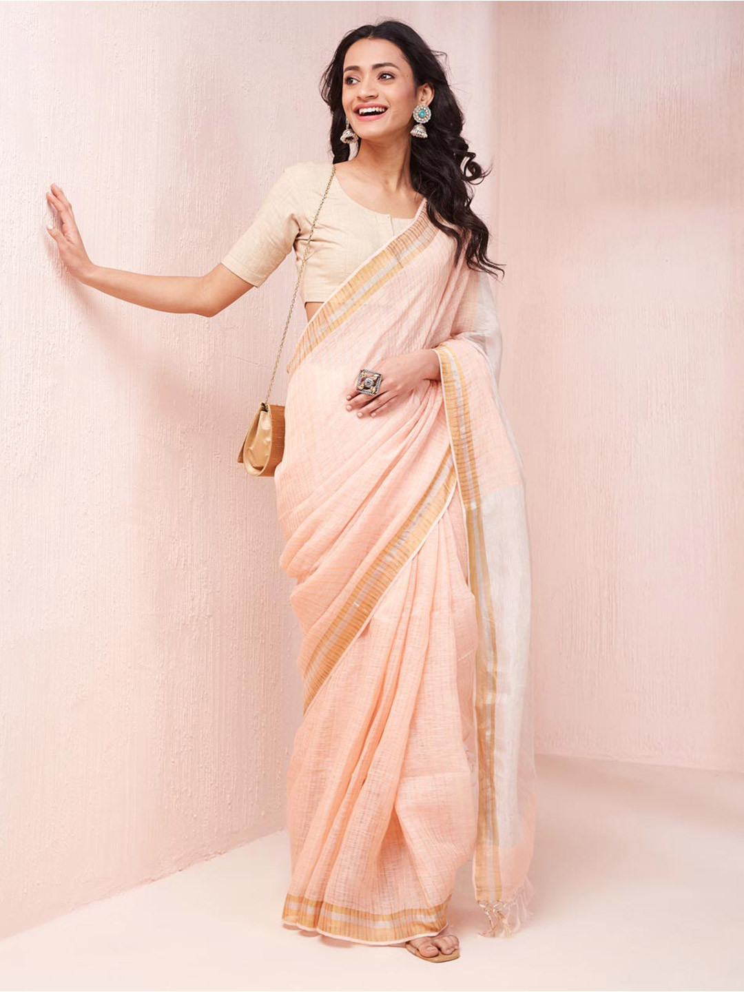 

Fabindia Hand Woven Design Zari Saree, Peach