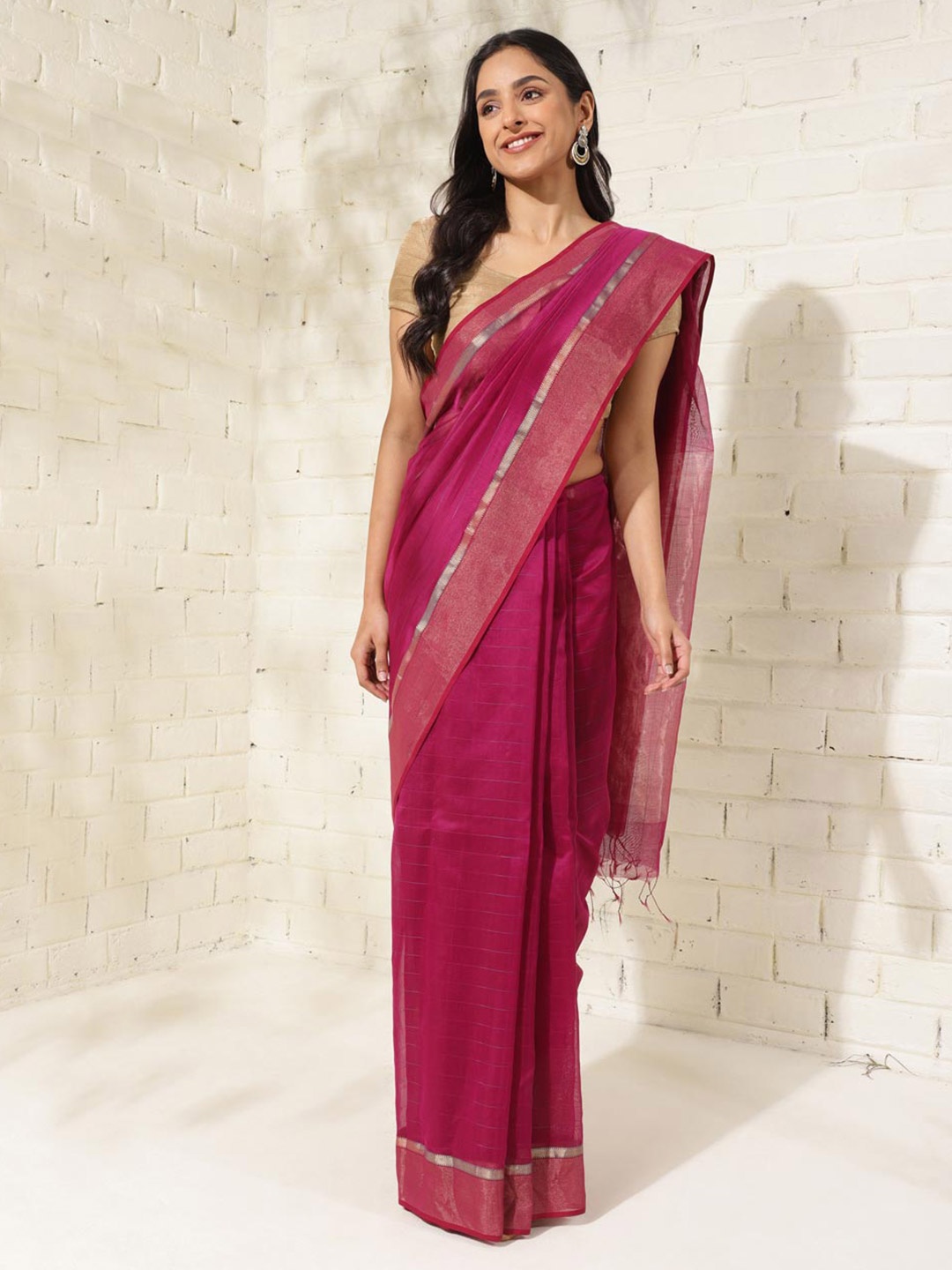 

Fabindia Zari Silk Cotton Maheshwari Saree, Maroon