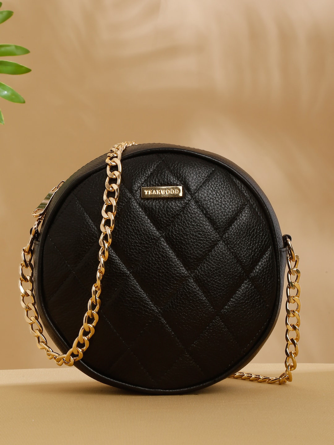 

Teakwood Leathers Textured Leather Half Moon Sling Bag with Quilted, Black