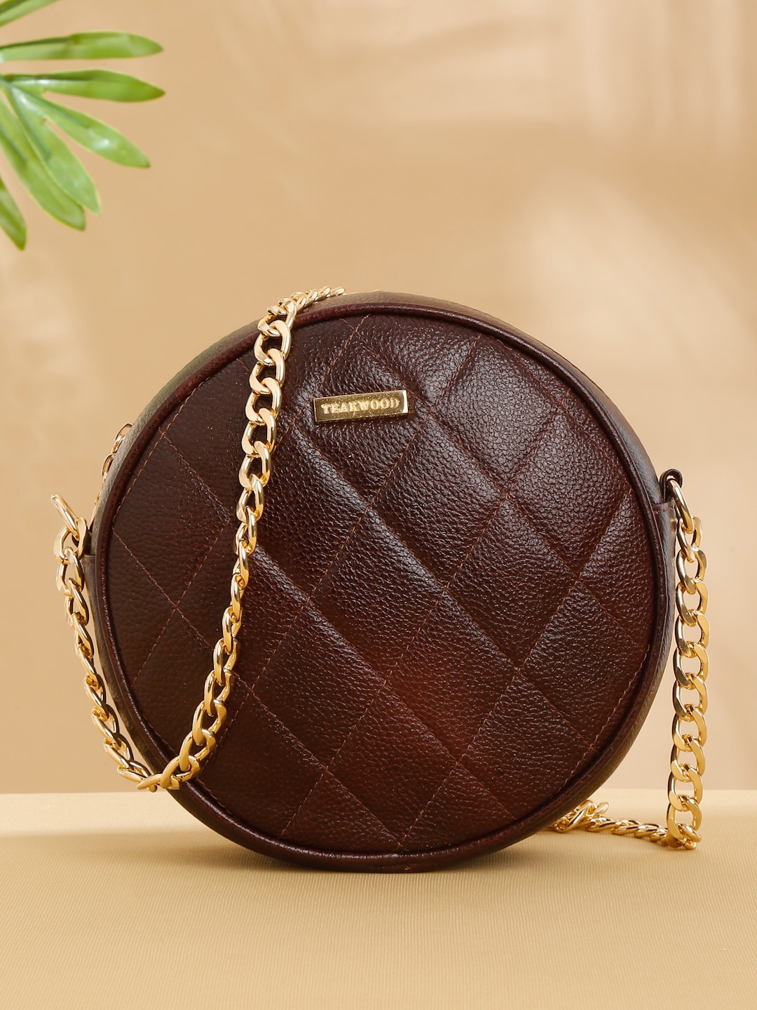 

Teakwood Leathers Textured Leather Half Moon Sling Bag with Quilted, Brown