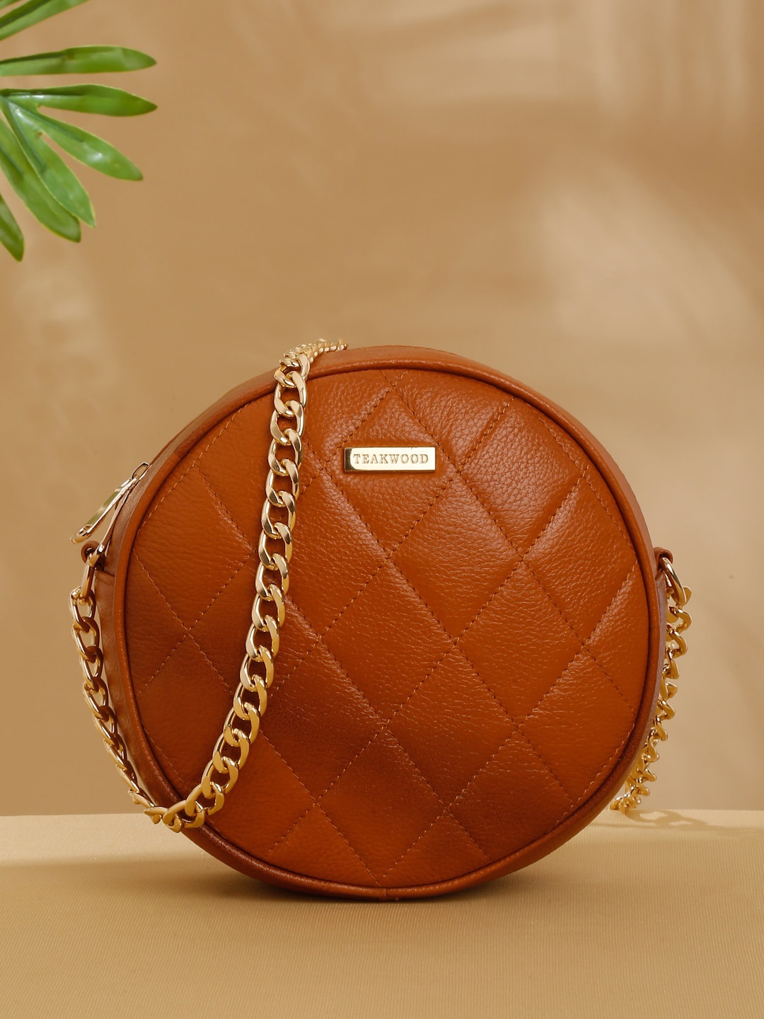 

Teakwood Leathers Textured Leather Half Moon Sling Bag with Quilted, Tan