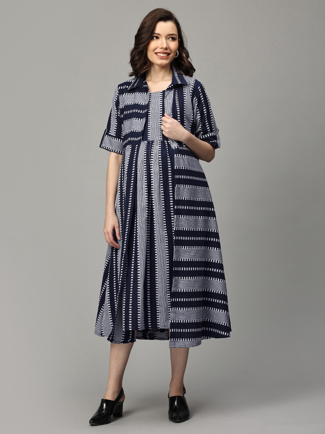 The Mom Store Striped A-Line Midi Dress, Blue