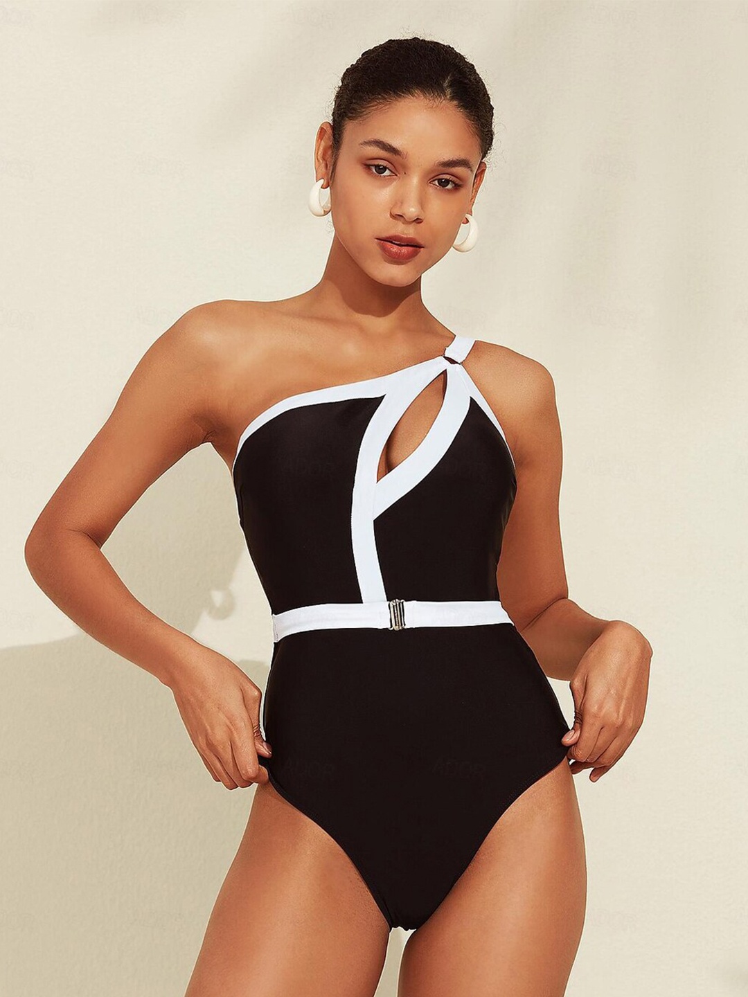VAGHBHATT Cut-Out One Shoulder Swim Bodysuit, Black
