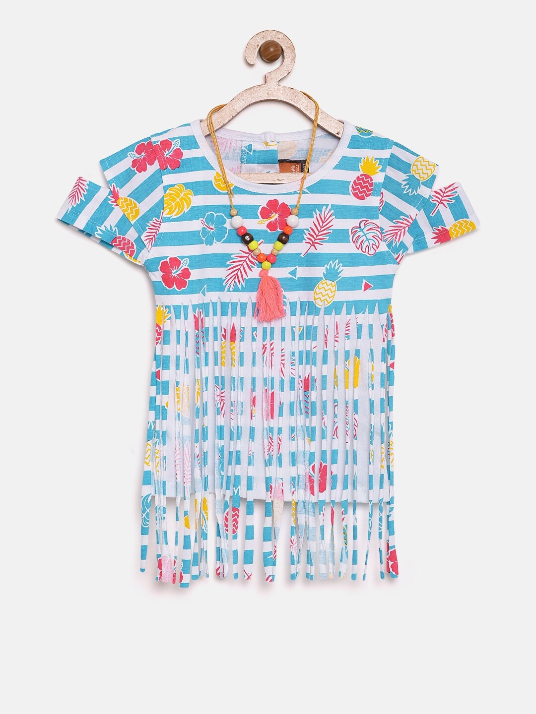 

Little Kangaroos Girls Blue & White Printed Pure Cotton Top with Fringes
