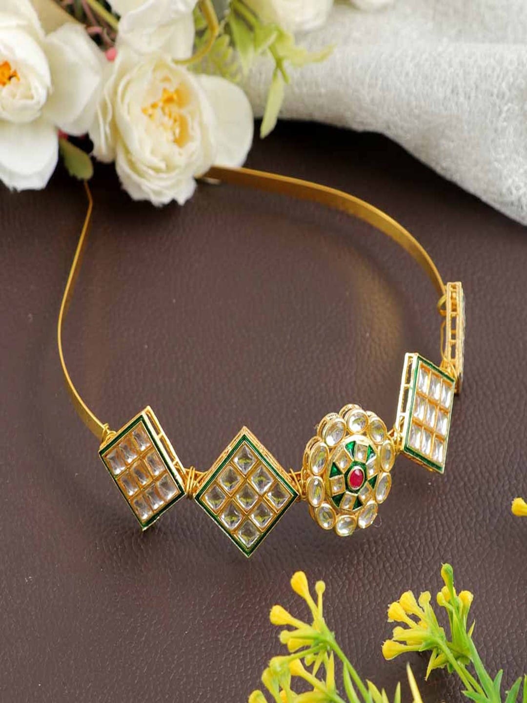 UNIVERSITY TRENDZ Gold-Plated Kundan Studded Sheeshphool Head Jewellery, Green