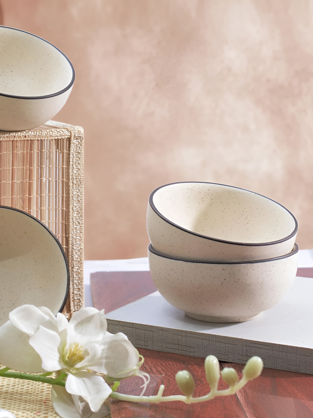 Lupaava White & Black 4-Pcs Dishwasher Safe Ceramic Serving Bowl-180 ml