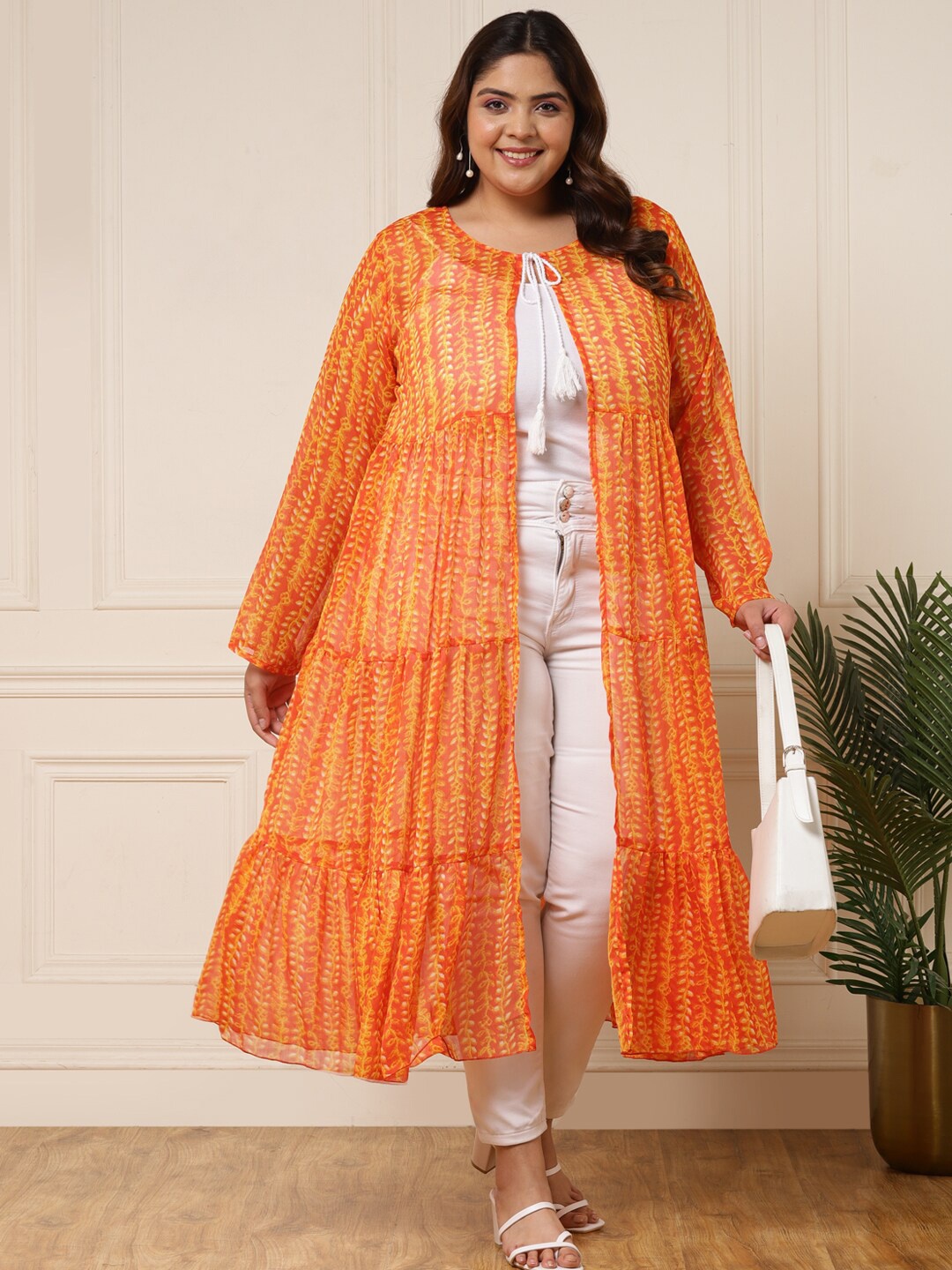 

DEEBACO Women Printed Longline Tie-Up Shrug, Orange