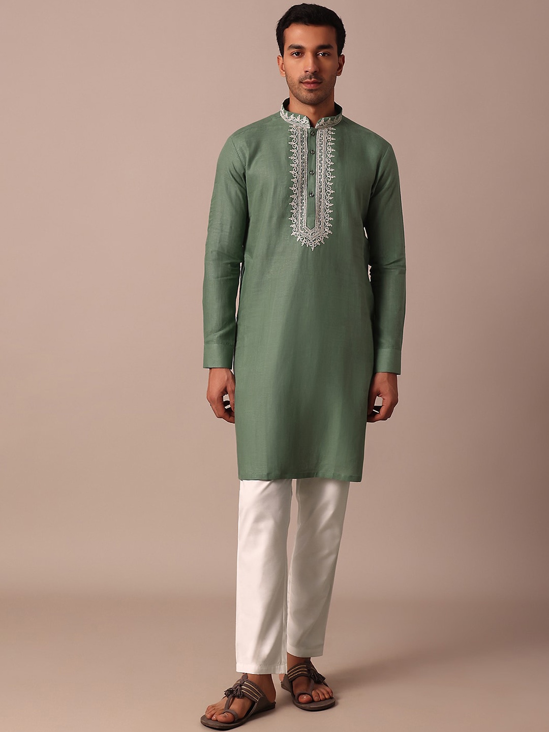 

KALKI Fashion Floral Yoke Design Mandarin Collar Thread Work Straight Kurta, Green
