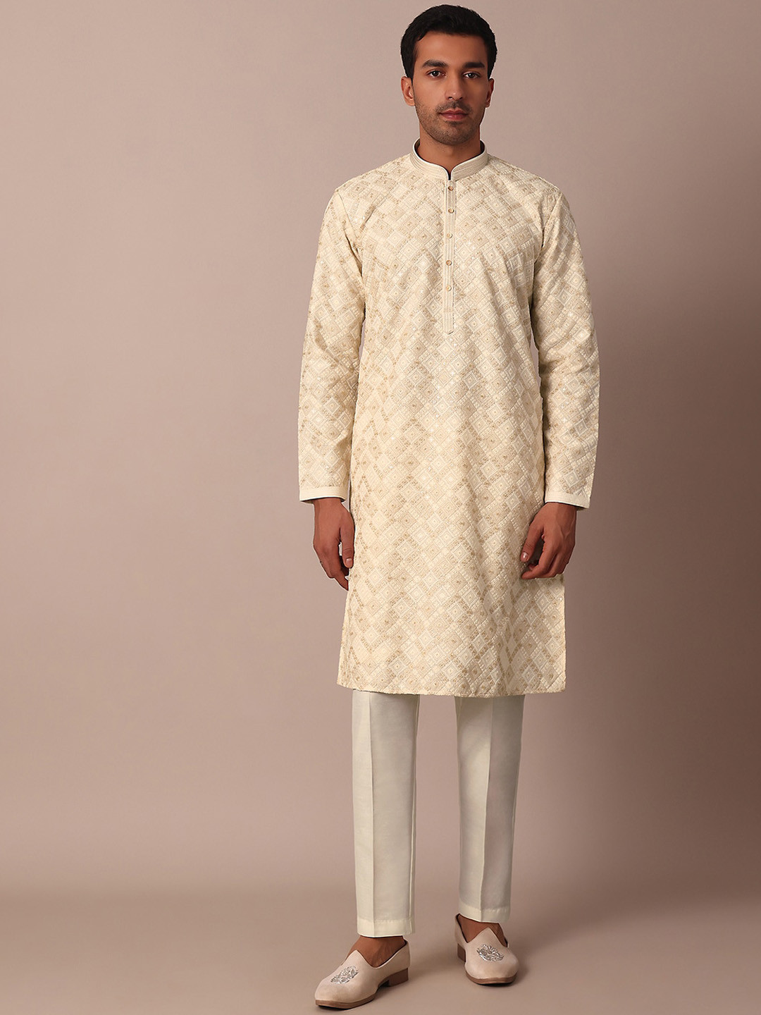 

KALKI Fashion Mandarin Collar Long Sleeves Embroidered Straight Kurta with Pyjama, White