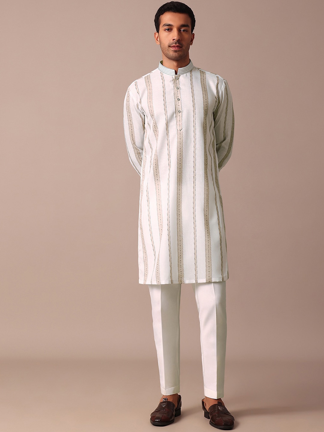 

KALKI Fashion Striped Mandarin Collar Thread Work Kurta, White