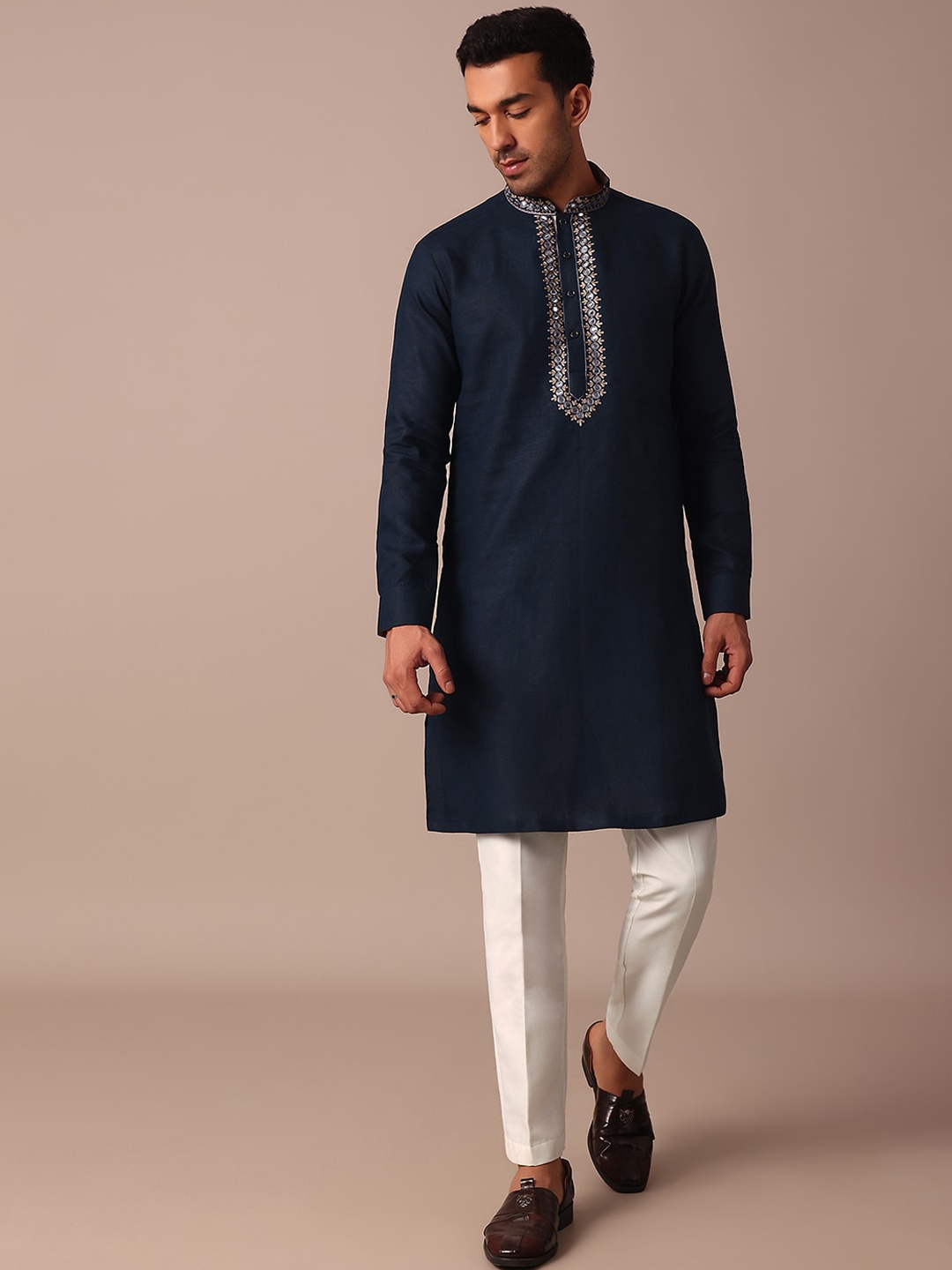 

KALKI Fashion Floral Yoke Design Mandarin Collar Thread Work Straight Kurta, Blue