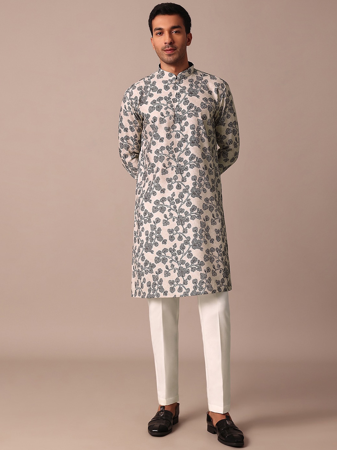 

KALKI Fashion Floral Printed Mandarin Collar Thread Work Cotton Silk Kurta, Beige