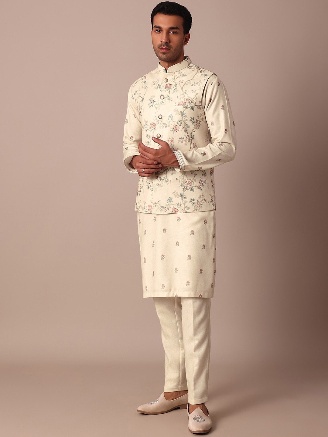 

KALKI Fashion Floral Printed Regular Kurta with Trouser With Jacket, White