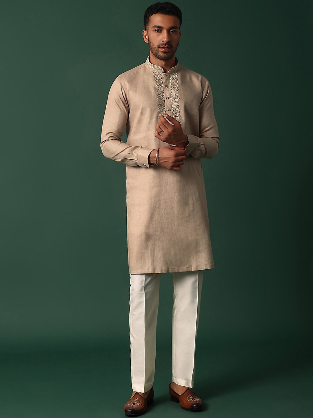 

KALKI Fashion Floral Yoke Design Mandarin Collar Thread Work Straight Kurta, Brown
