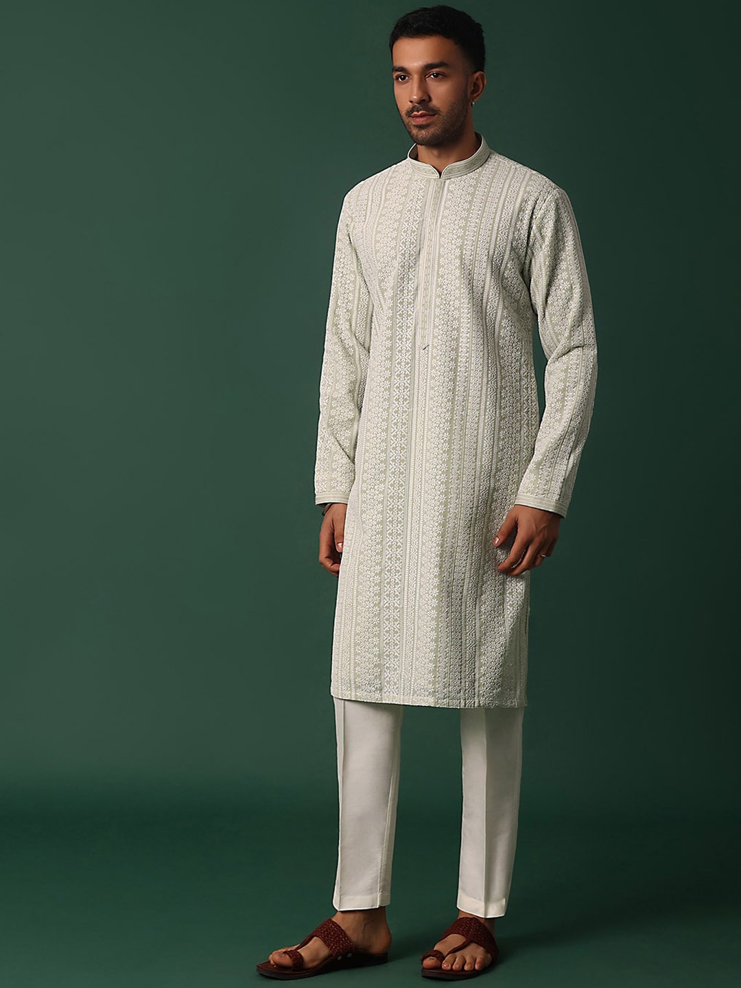 

KALKI Fashion Ethnic Motifs Embroidered Chikankari Kurta with Trouser, Green