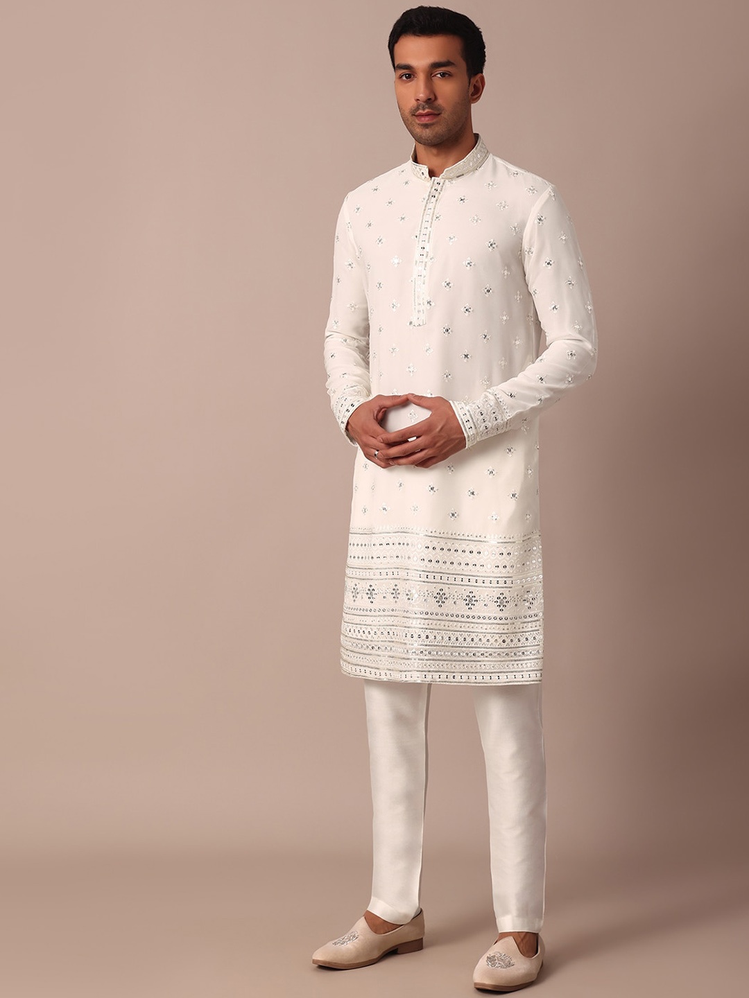 

KALKI Fashion Embroidered Regular Sequinned Kurta with Trouser, White
