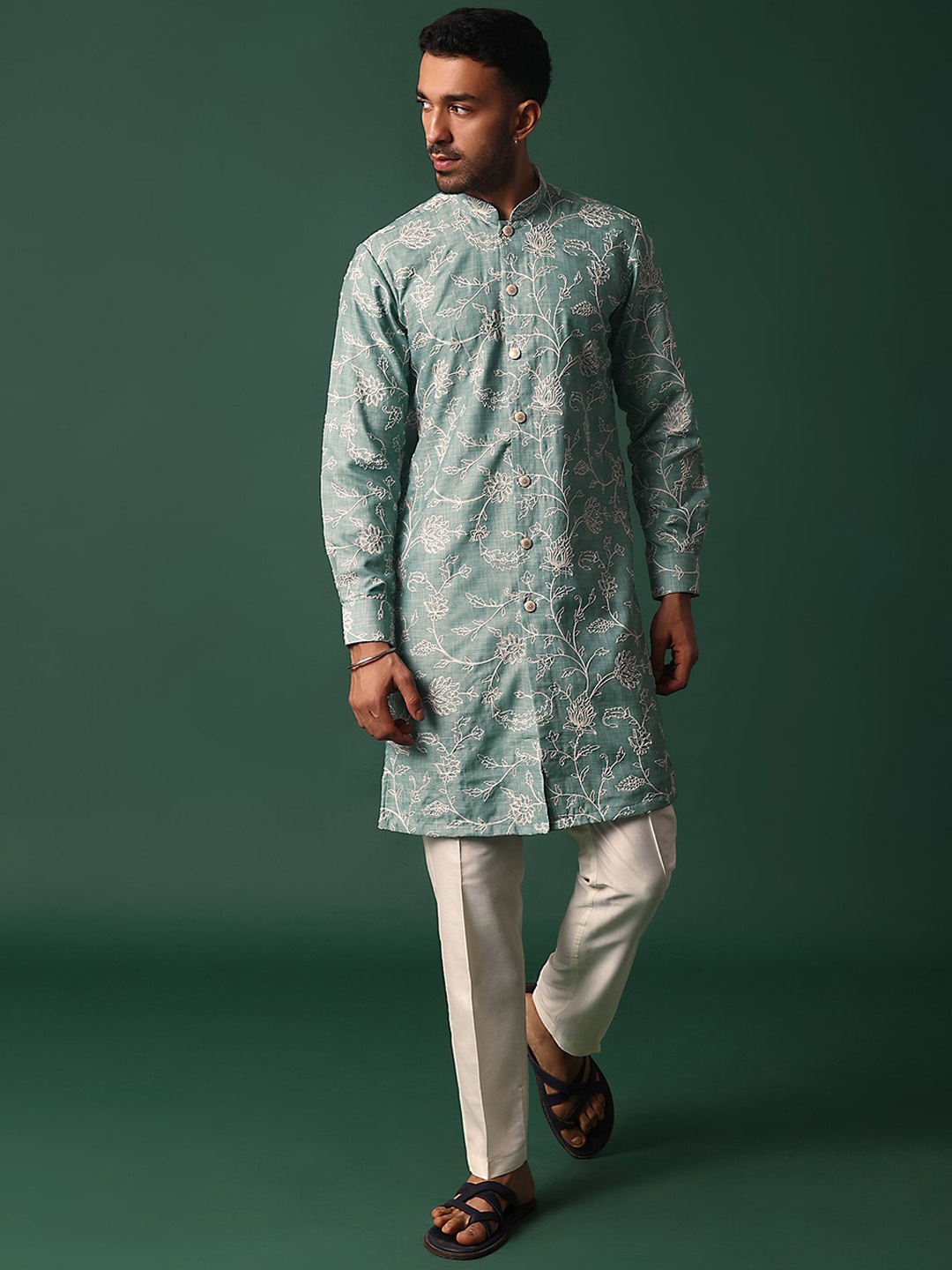 

KALKI Fashion Men Floral Embroidered Regular Kurta with Trousers, Green