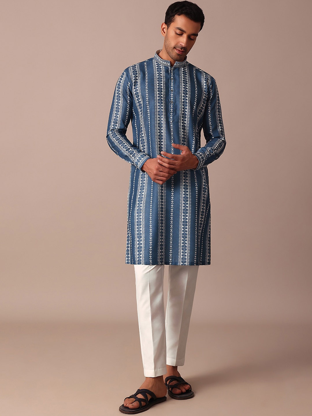 KALKI Fashion Floral Printed Mandarin Collar Straight Kurta, Blue