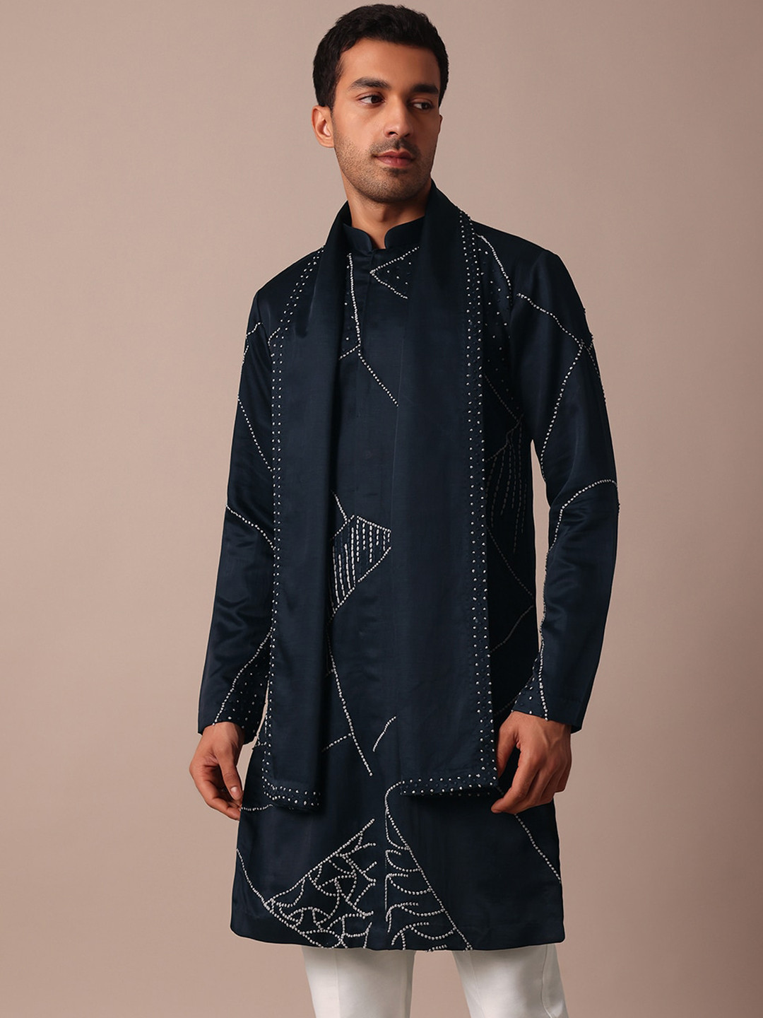 

KALKI Fashion Geometric Embroidered Mandarin Collar Long Sleeves Sequinned Kurta Set, Blue