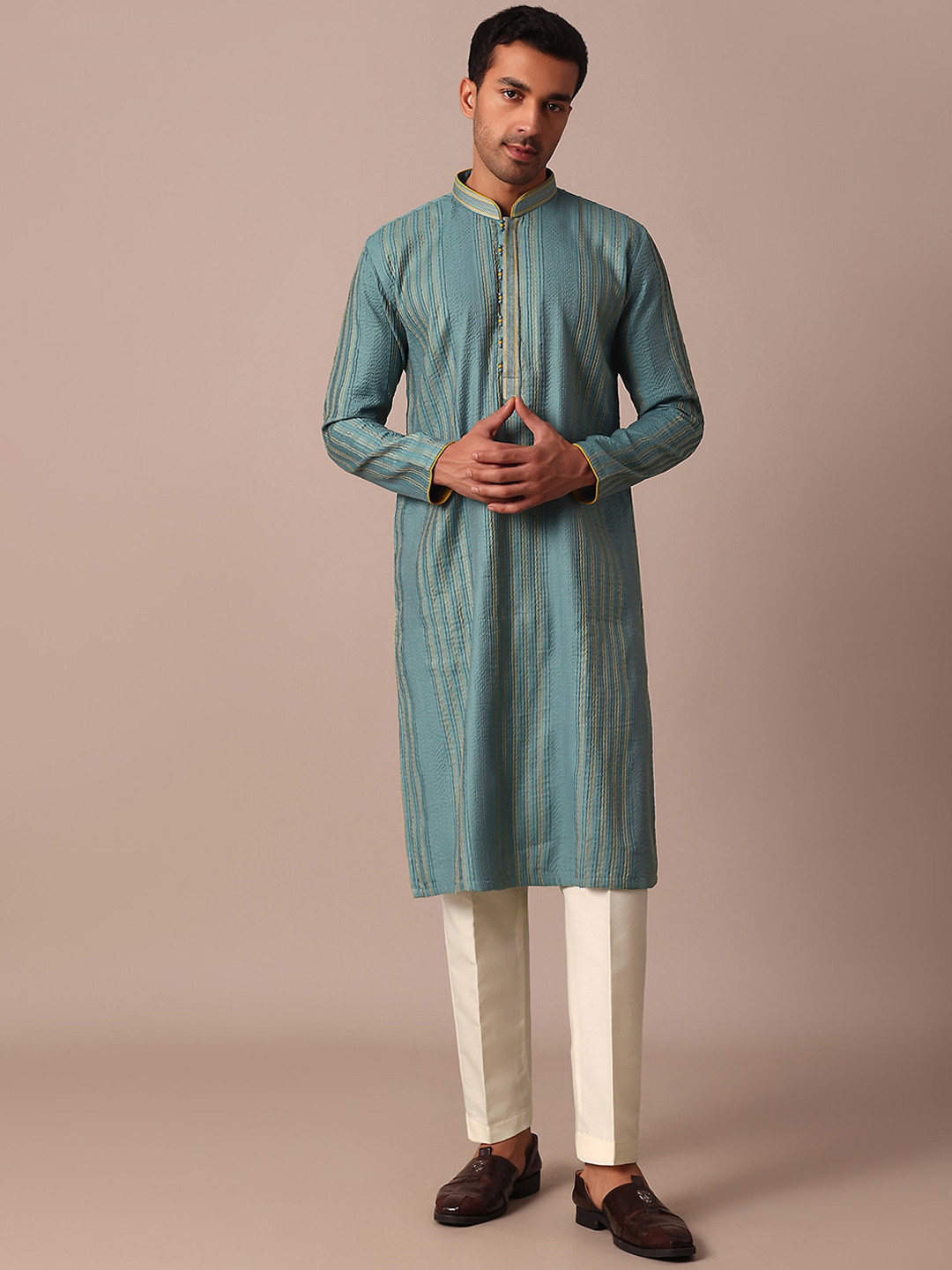 

KALKI Fashion Mandarin Collar Long Sleeves Embroidered Kurta with Pyjama, Green