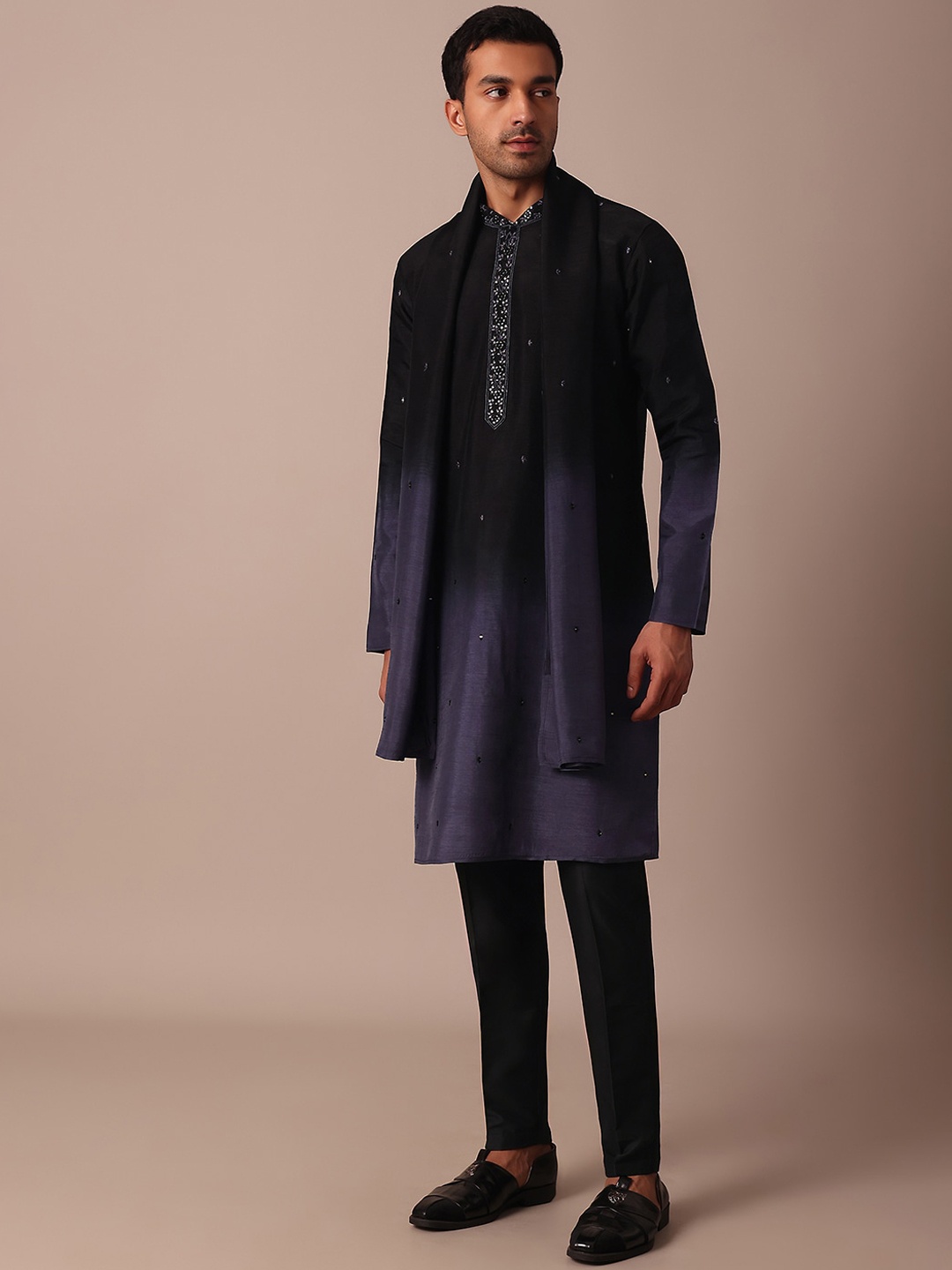 KALKI Fashion Men Ethnic Motifs Embroidered Regular Beads and Stones Kurta with Pyjamas, Purple