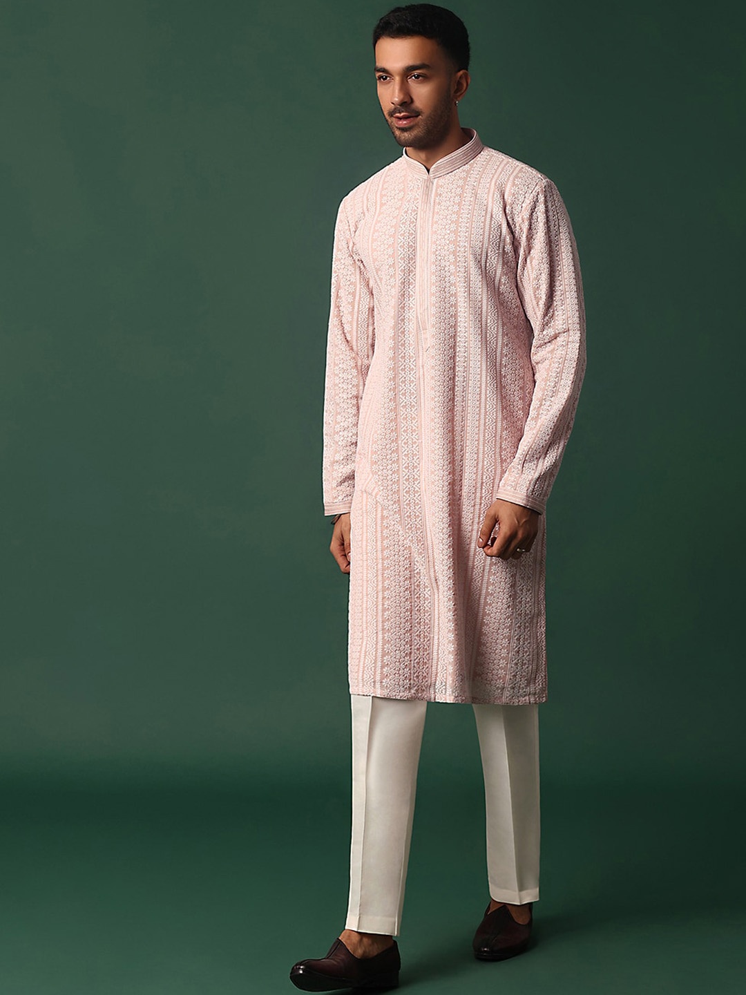 KALKI Fashion Men Floral Embroidered Regular Kurta with Pyjamas, Pink
