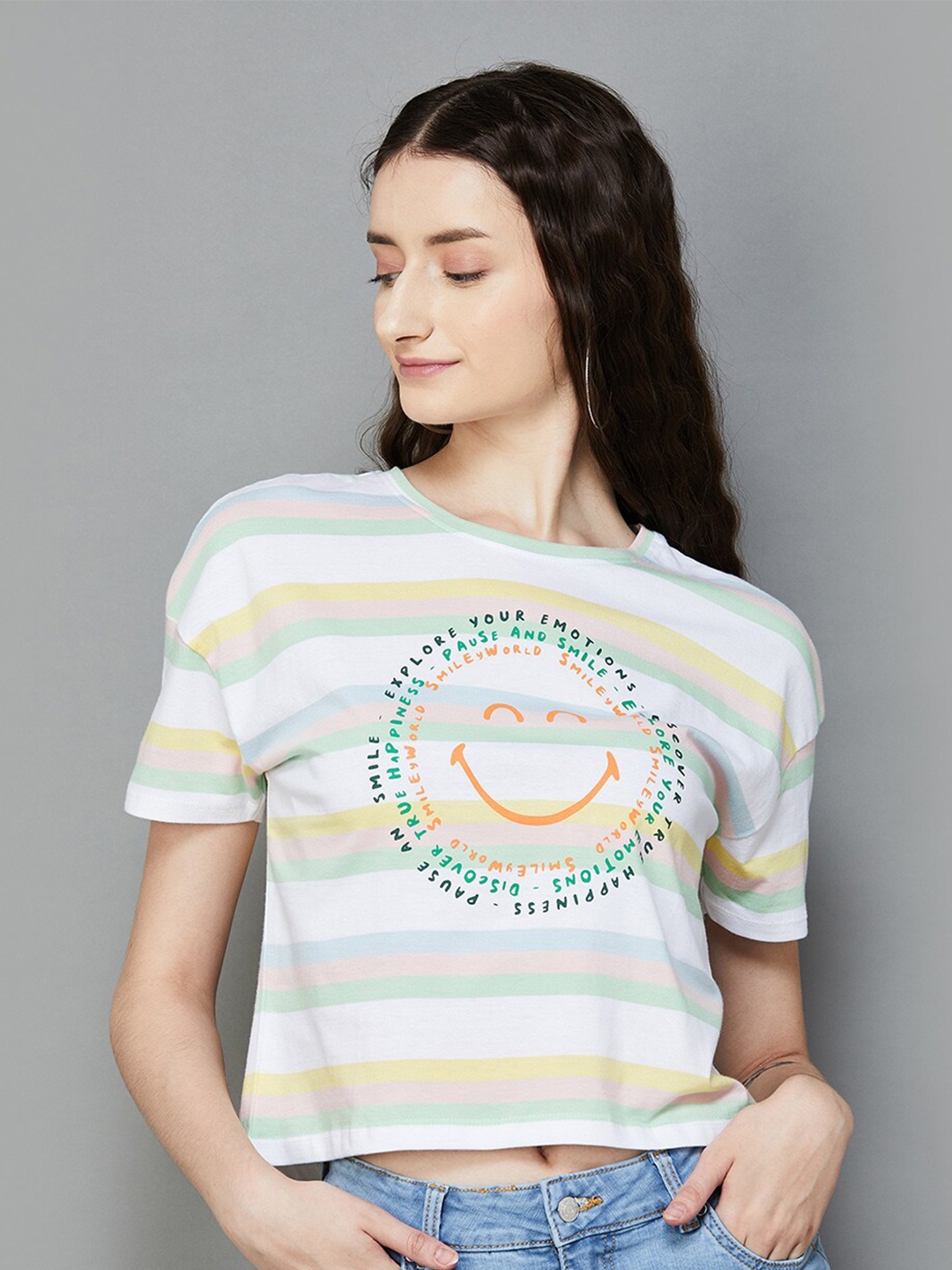 

SmileyWorld Typography Printed Drop-Shoulder Sleeves Pure Cotton T-shirt, White