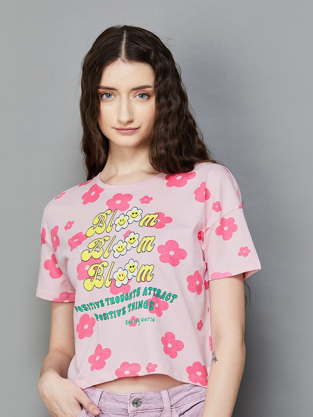 

SmileyWorld Floral Printed Drop-Shoulder Sleeves Pure Cotton T-shirt, Pink