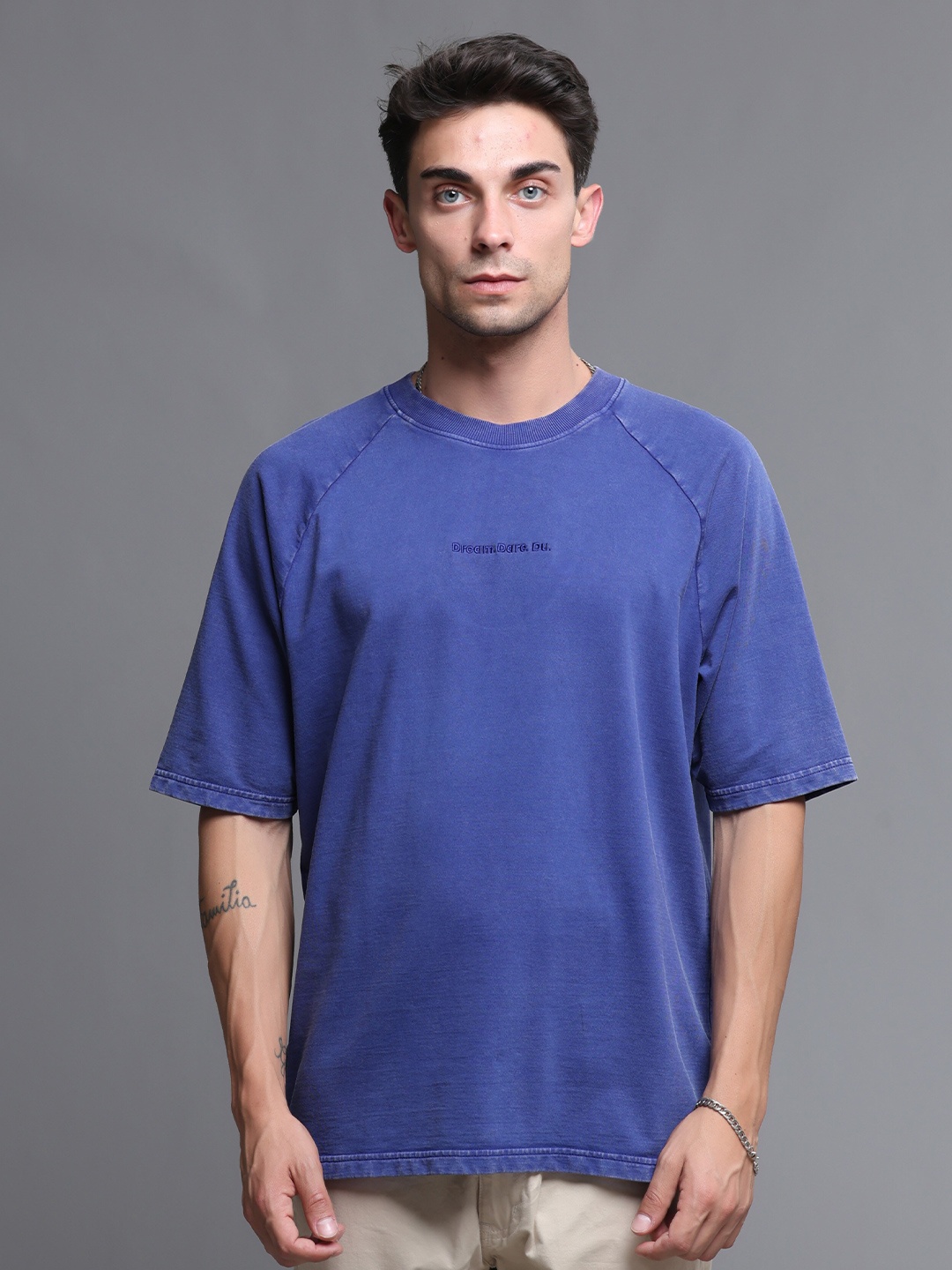 

VUDU Drop-Shoulder Sleeves Cotton Oversized T-shirt, Blue