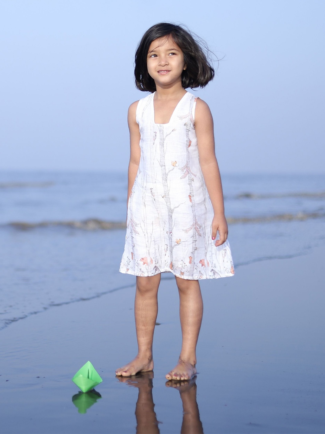 

BAESD Girls Conversational Printed V-Neck Sleeveless Linen A-Line Dress, White