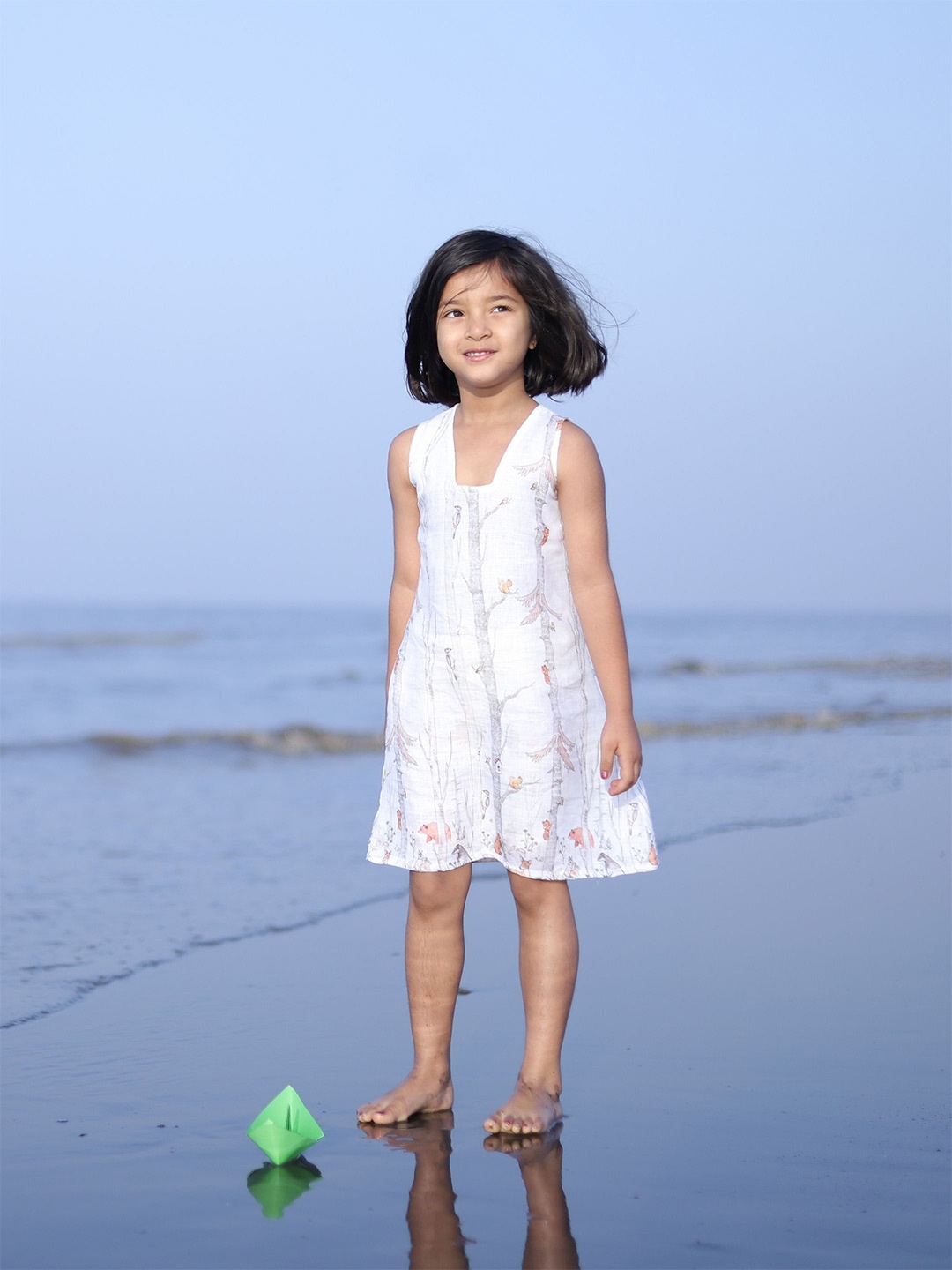 

BAESD Girls Conversational Printed V-Neck Pure Linen A-Line Dress, White